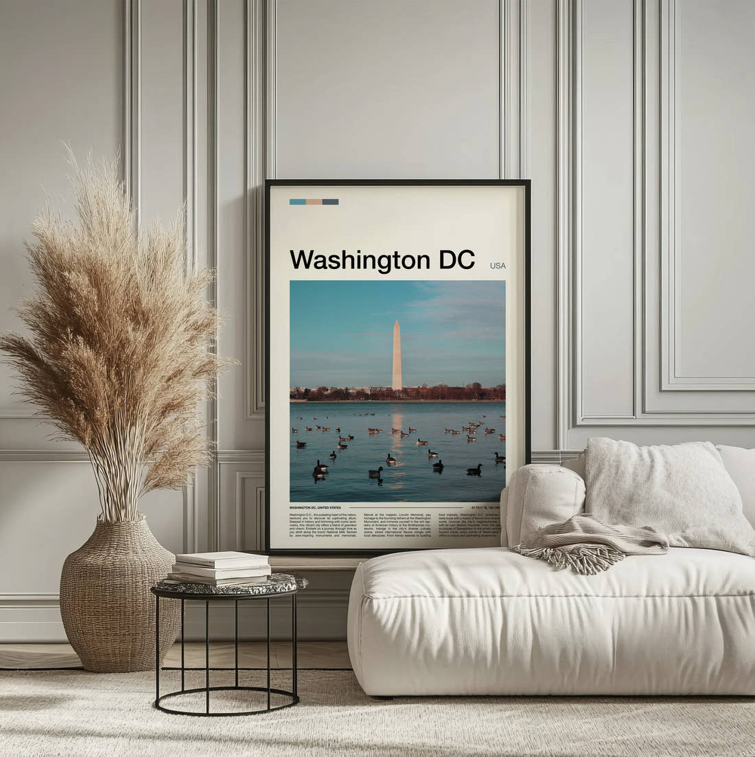 Washington Monument Across The Water Travel Print framed on the wall of a calm, neutral bedroom