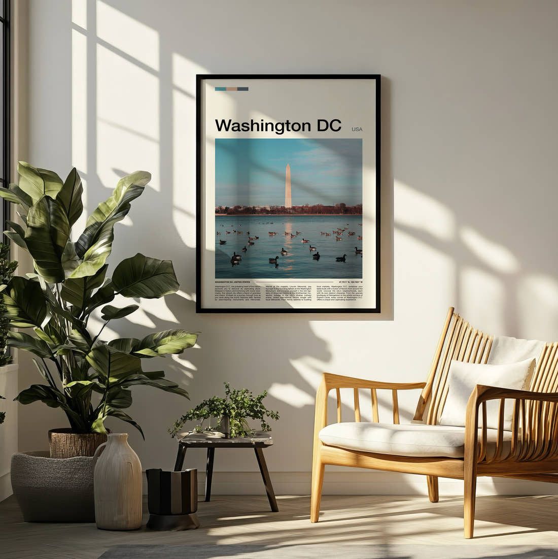 Washington Monument Across The Water Travel Print framed on a pale wall beside houseplants