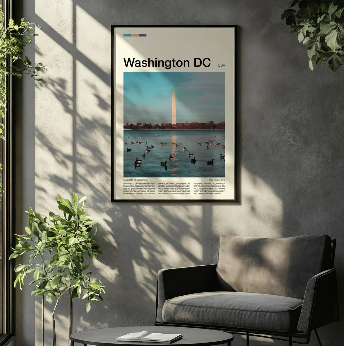 Washington Monument Across The Water Travel Print framed on the wall of a relaxed living room