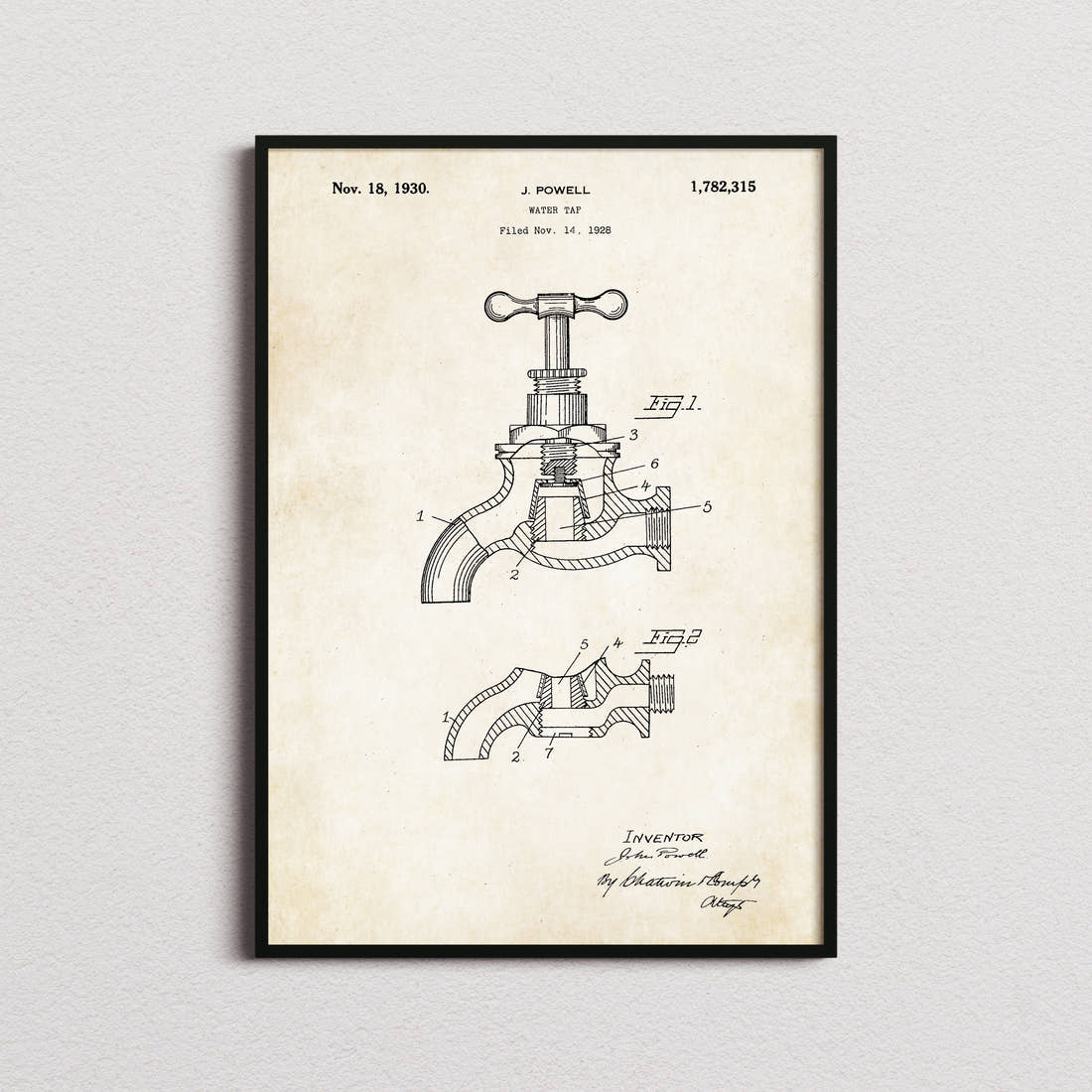 Water Tap Patent Print in the aged paper colourway, framed