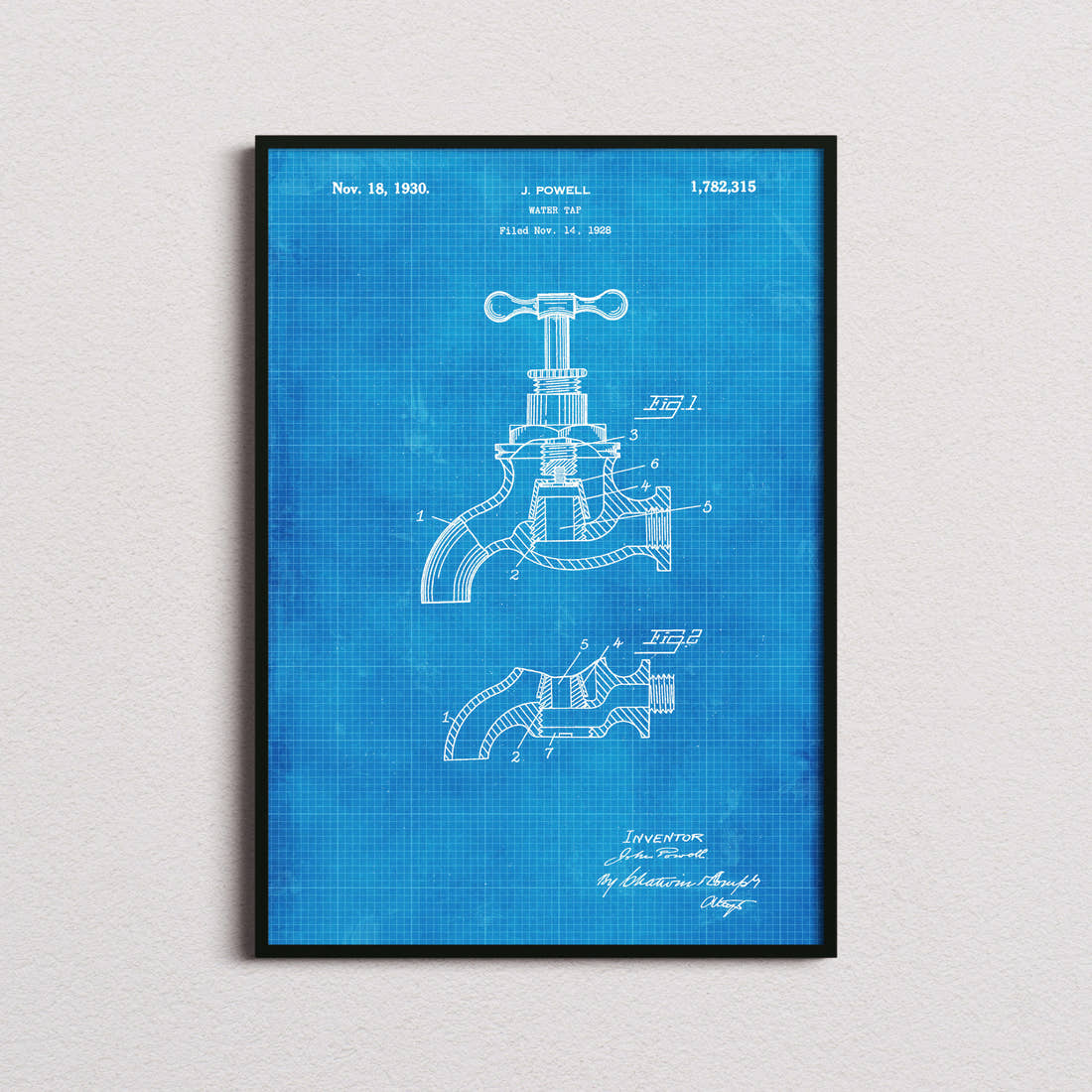 Water Tap Patent Print in the blueprint colourway, framed