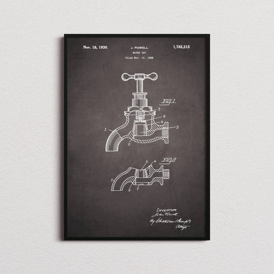 Water Tap Patent Print in the blackboard colourway, framed
