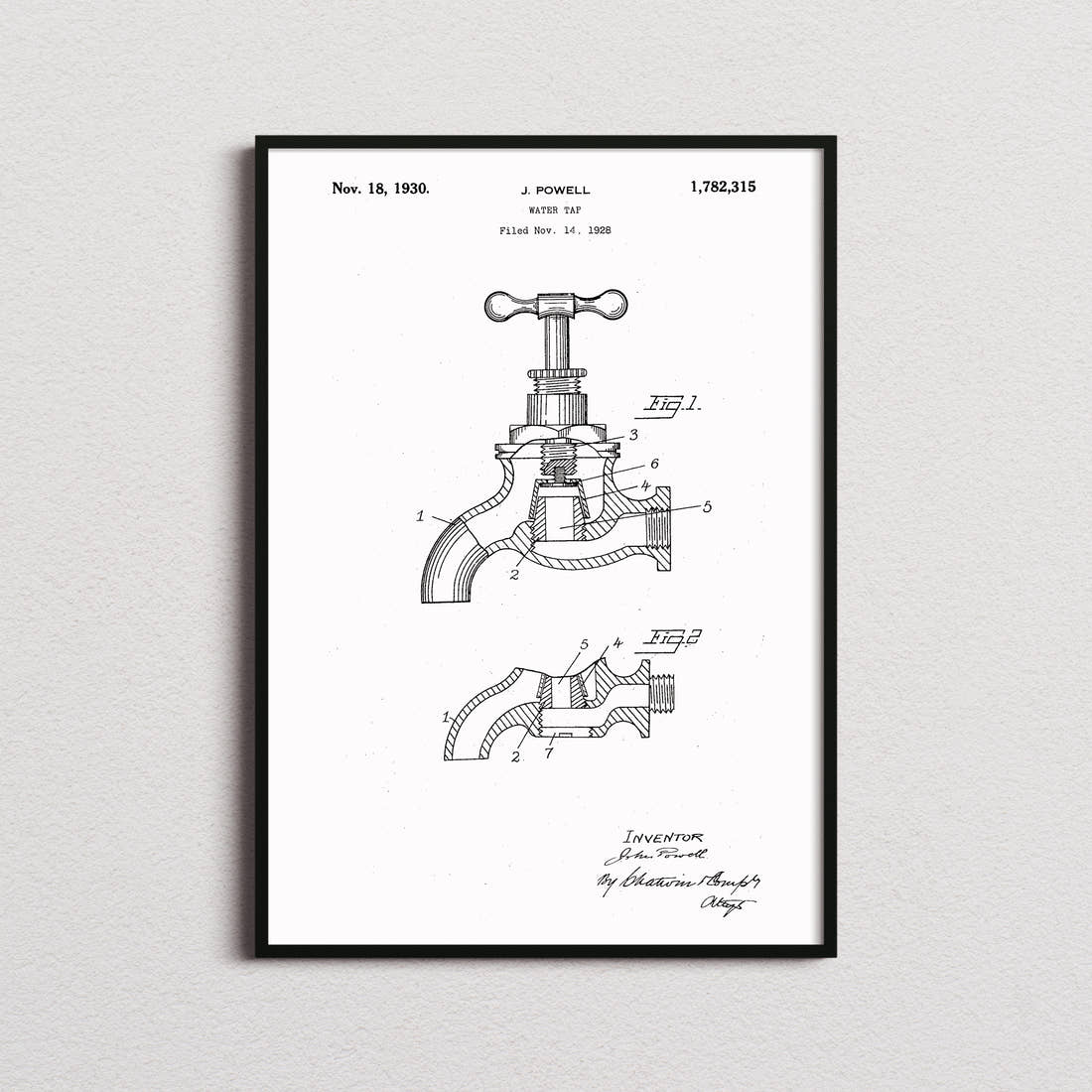 Water Tap Patent Print in the white colourway, framed