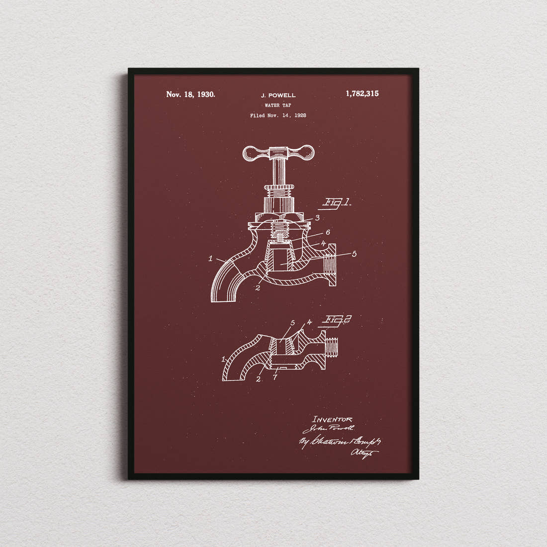 Water Tap Patent Print in the burgundy colourway, framed