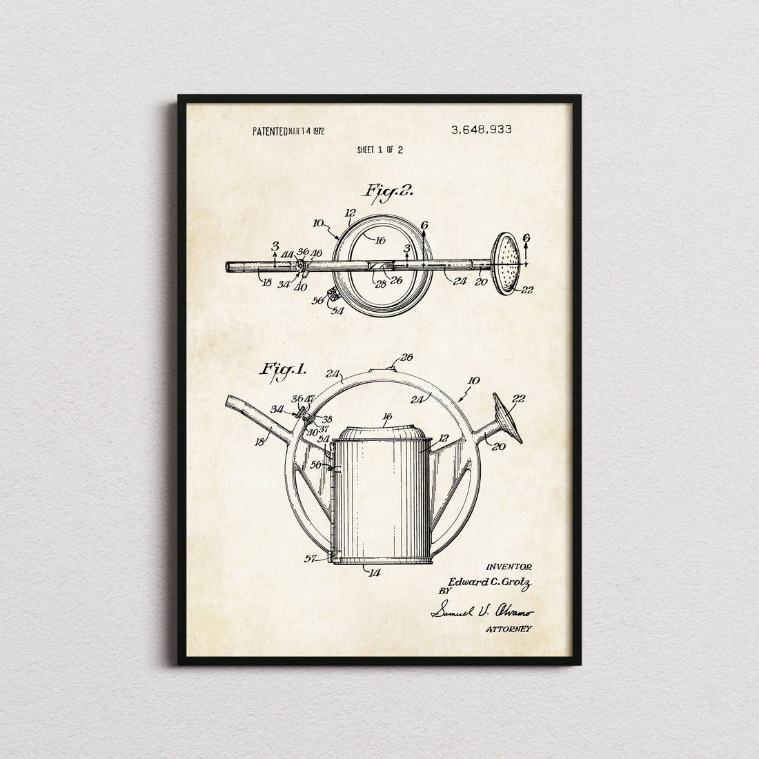 Watering Can Patent Print in the aged paper colourway, framed