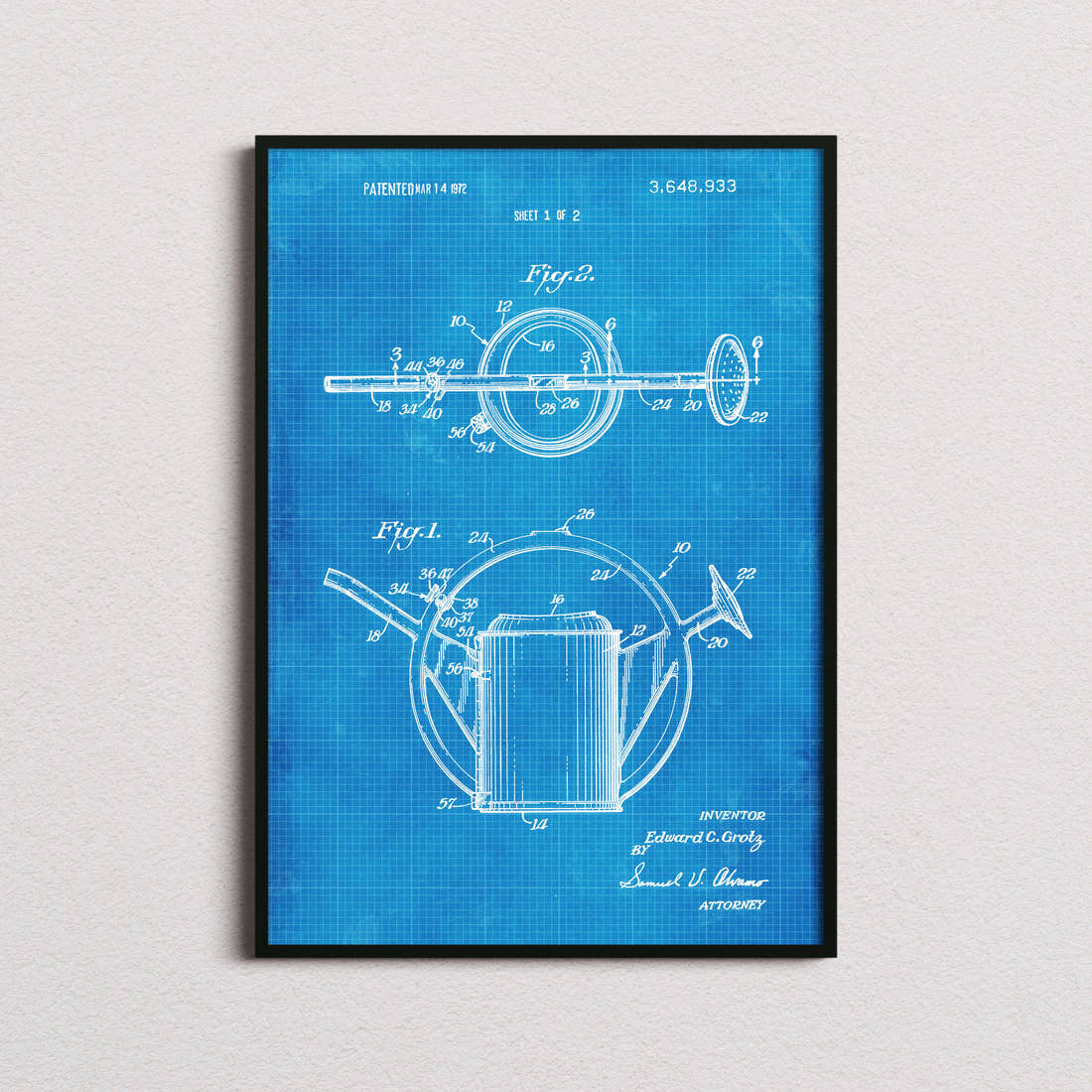 Watering Can Patent Print in the blueprint colourway, framed