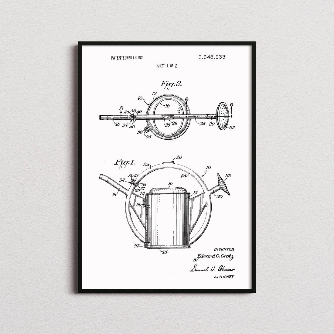 Watering Can Patent Print in the white colourway, framed