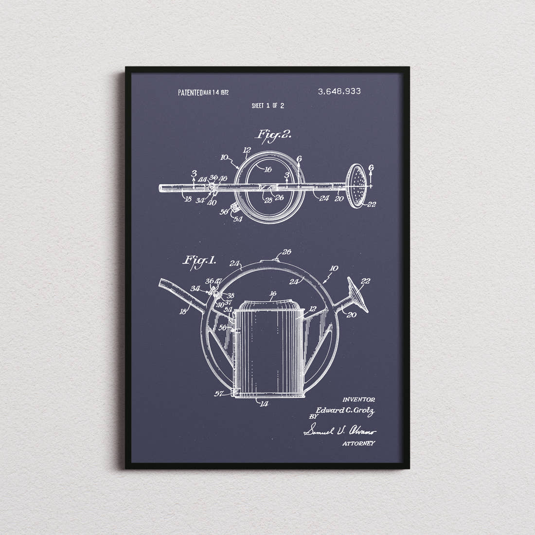 Watering Can Patent Print in the navy colourway, framed