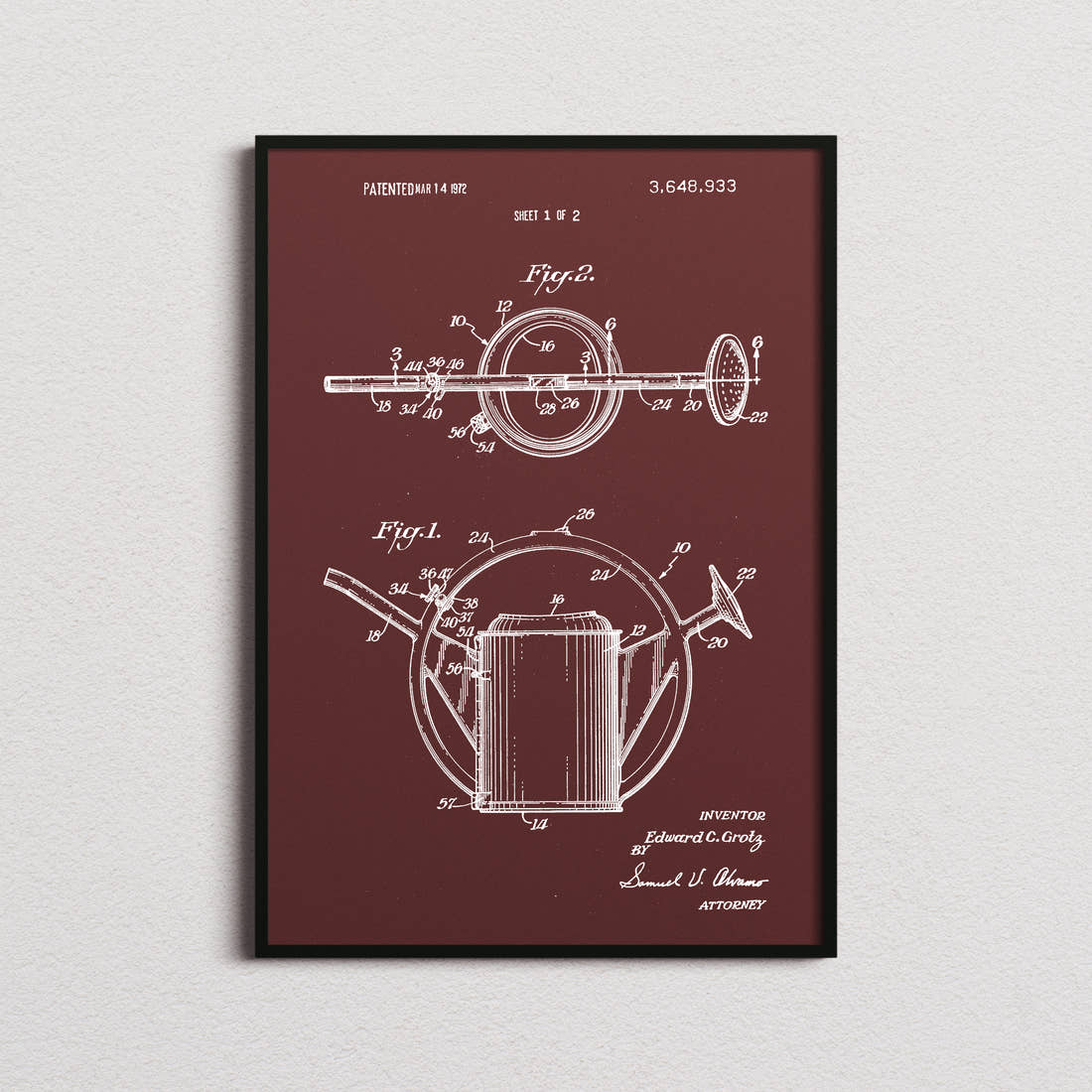 Watering Can Patent Print in the burgundy colourway, framed