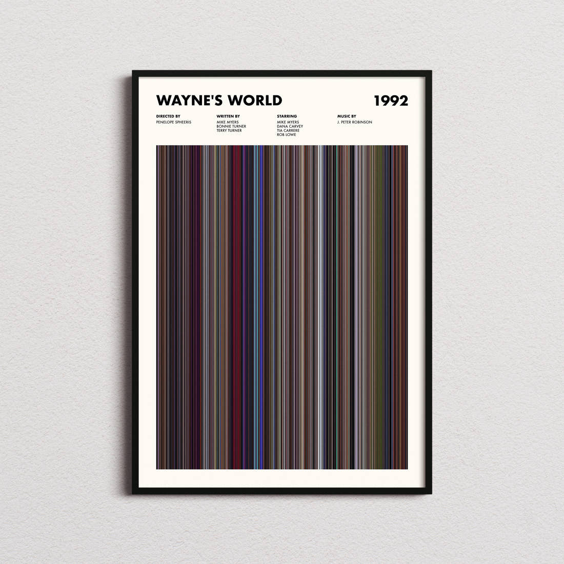 Wayne's World Movie Barcode Poster framed on a plain studio wall
