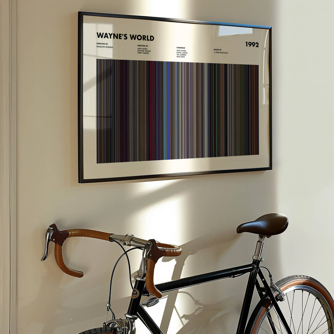 Wayne's World Movie Barcode Poster framed on the wall of a styled room setting