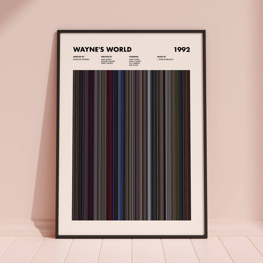 Wayne's World Movie Barcode Poster framed and leaning against a coloured wall