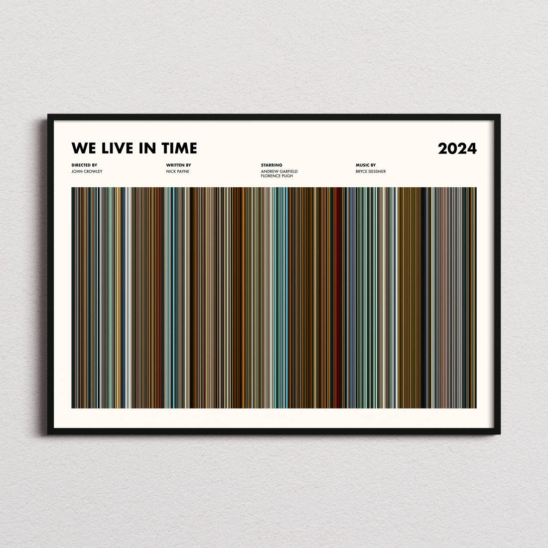 We Live in Time Movie Barcode Poster framed and photographed straight on