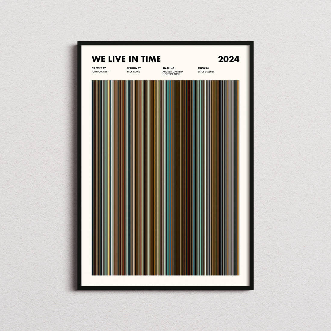 We Live in Time Movie Barcode Poster framed on a plain studio wall
