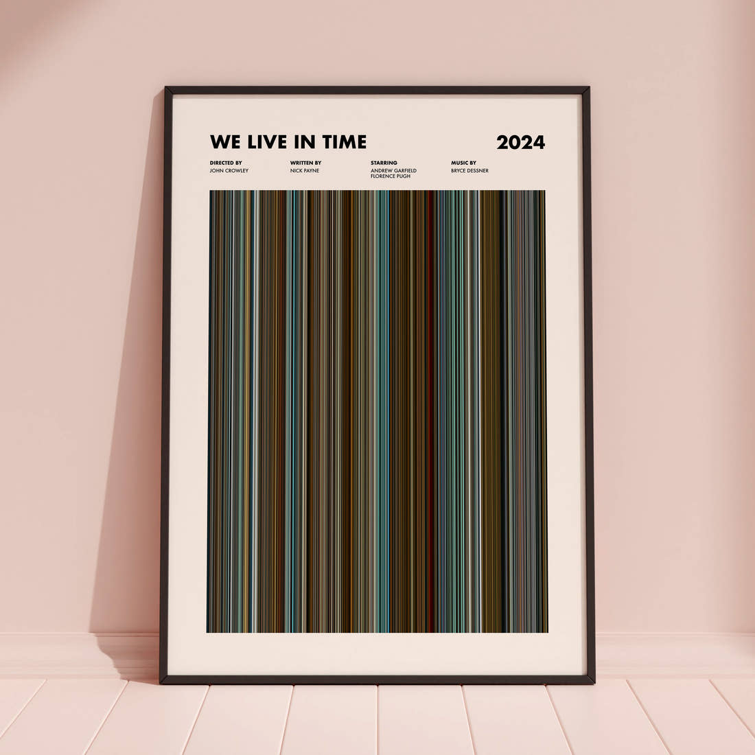 We Live in Time Movie Barcode Poster framed and leaning against a coloured wall