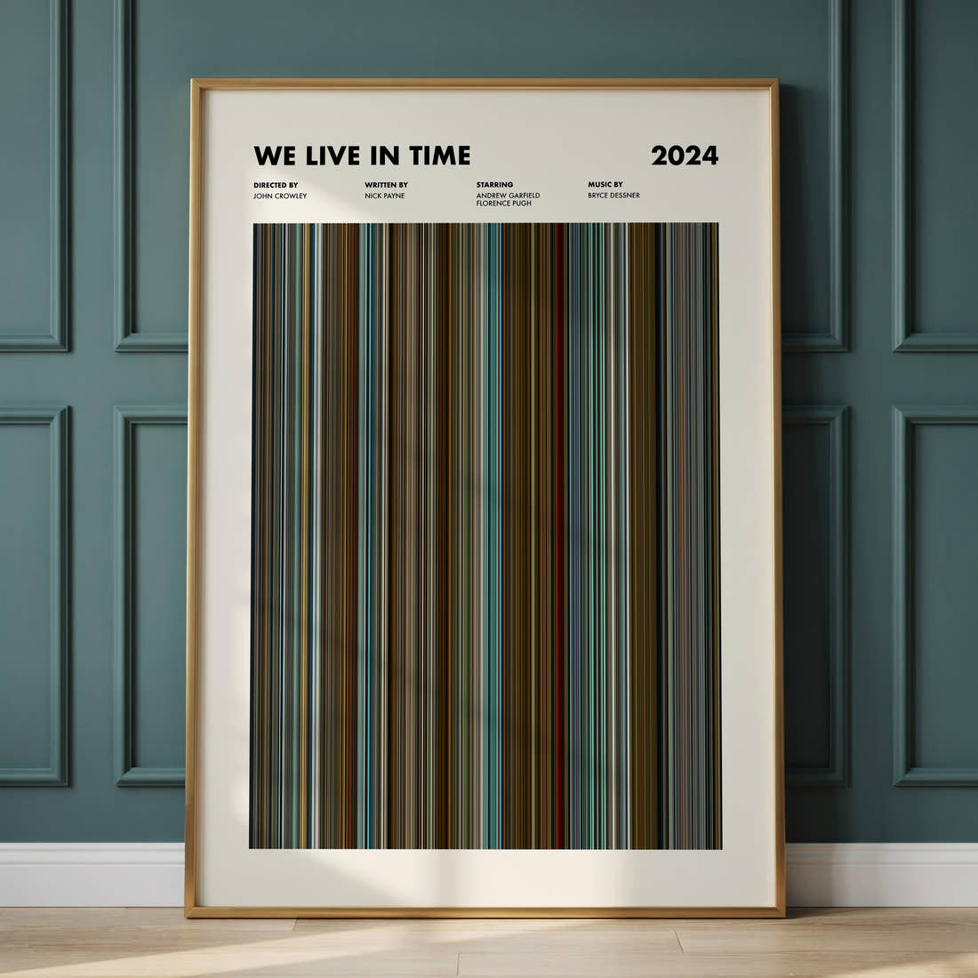 We Live in Time Movie Barcode Poster framed and leaning against a panelled wall