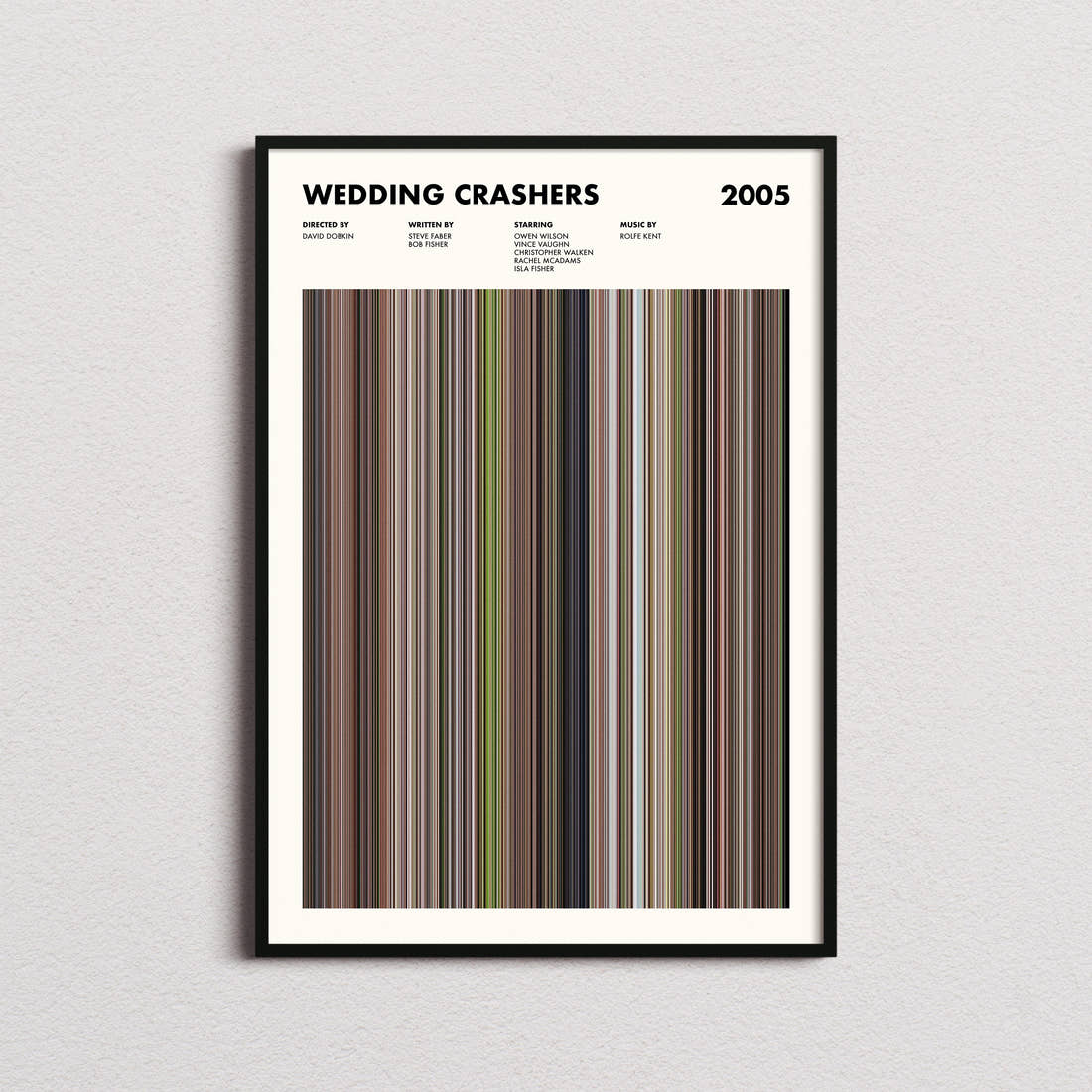 Wedding Crashers Movie Barcode Poster framed on a plain studio wall