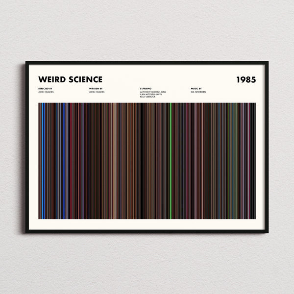 Weird Science Movie Barcode Poster framed and photographed straight on