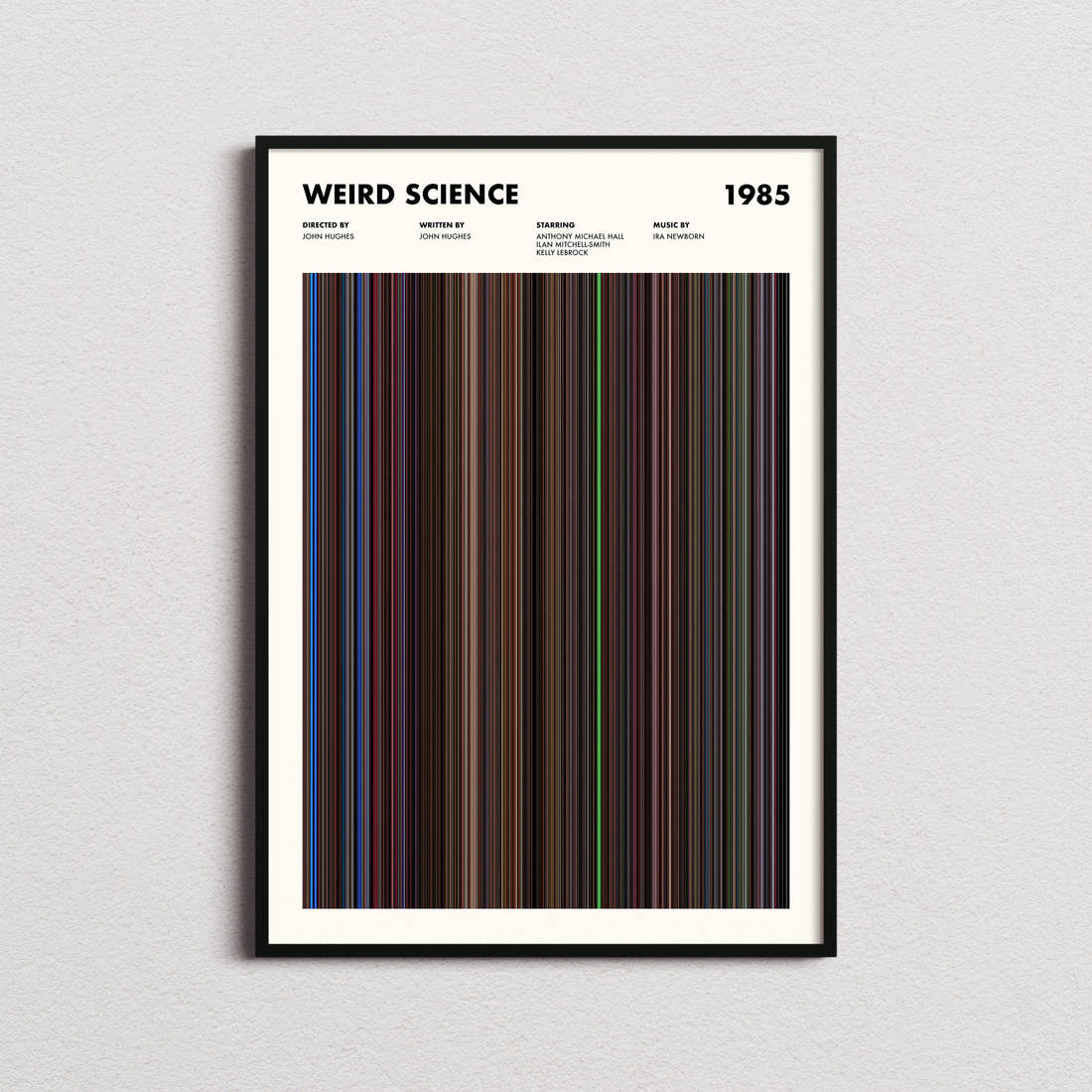 Weird Science Movie Barcode Poster framed on a plain studio wall