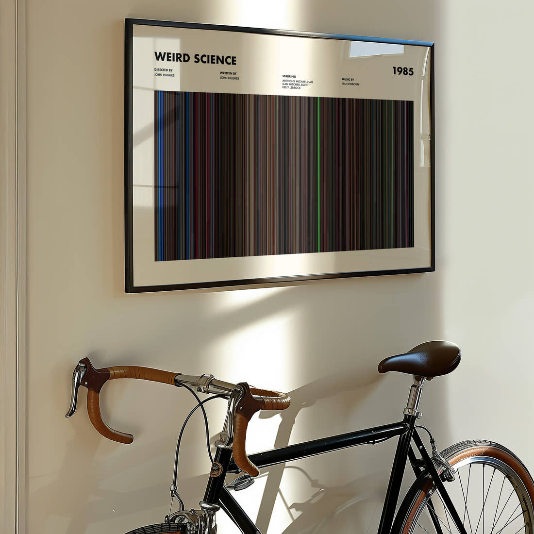 Weird Science Movie Barcode Poster framed on the wall of a styled room setting
