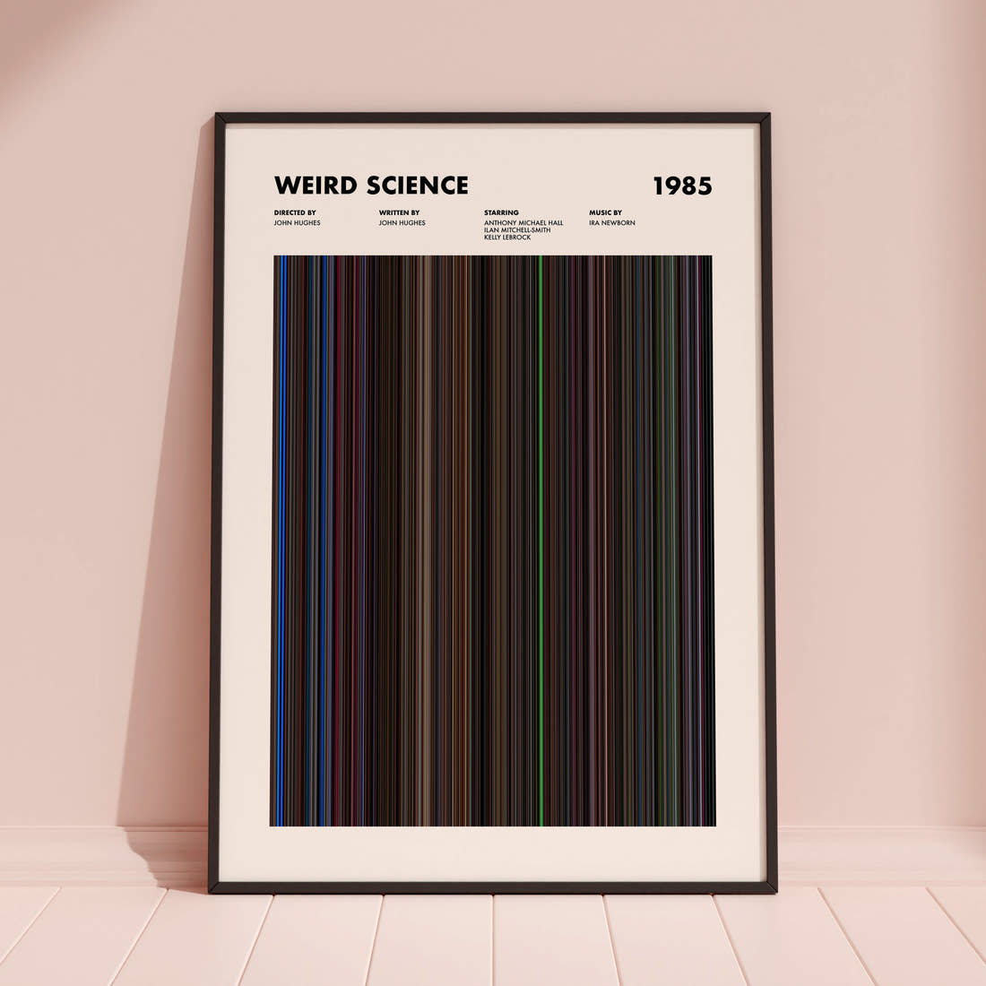 Weird Science Movie Barcode Poster framed and leaning against a coloured wall