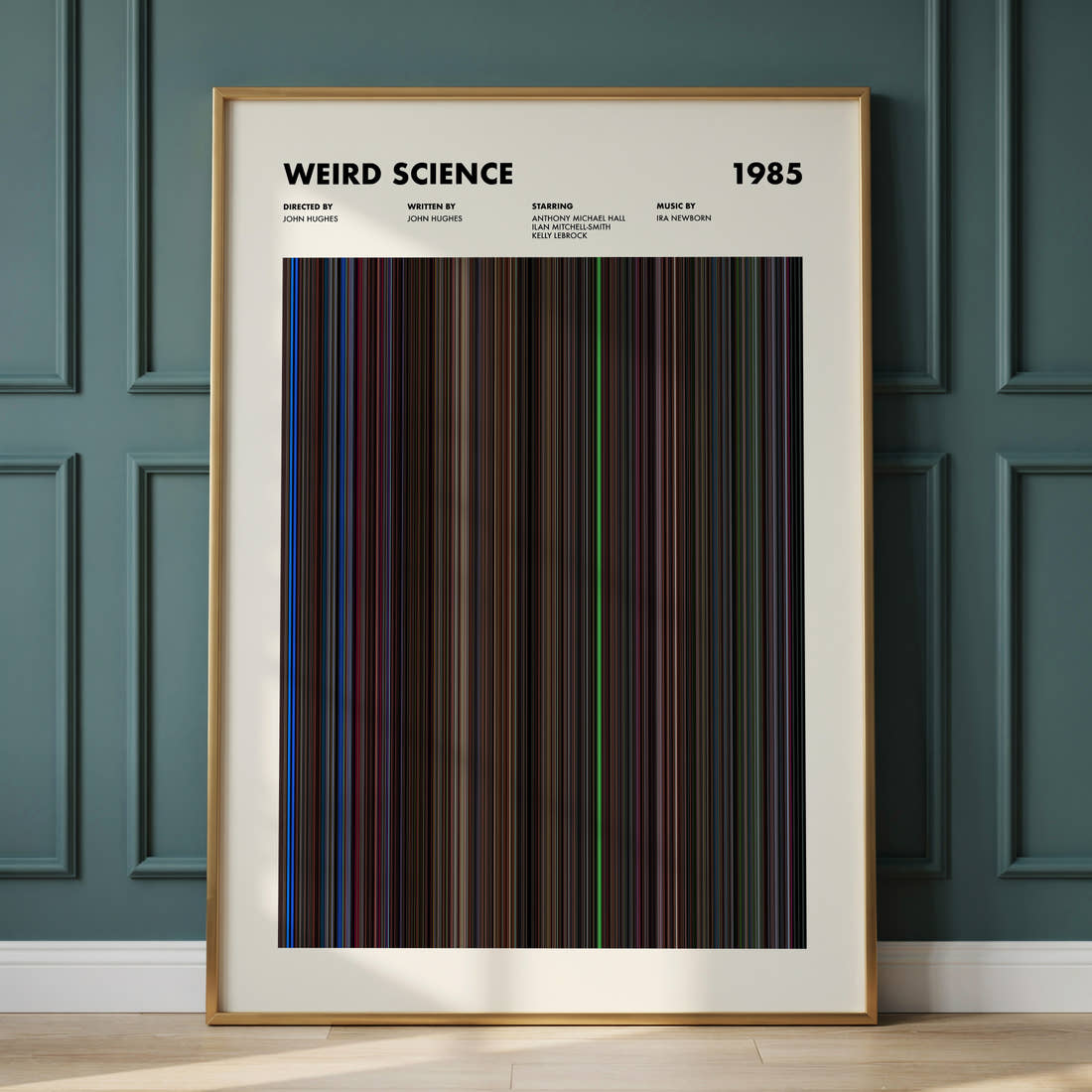 Weird Science Movie Barcode Poster framed and leaning against a panelled wall