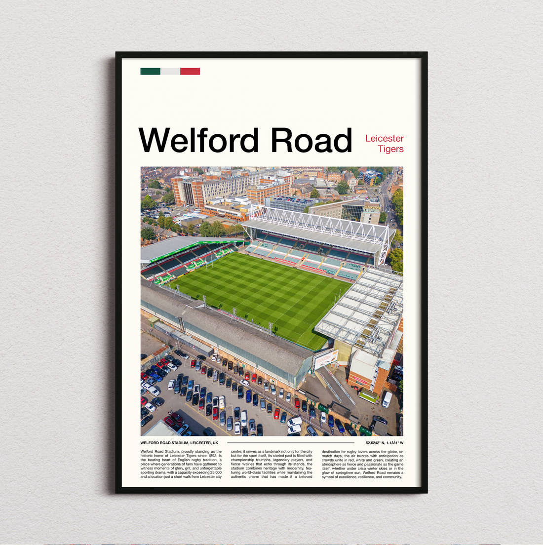 Welford Road Stadium Print framed and photographed straight on