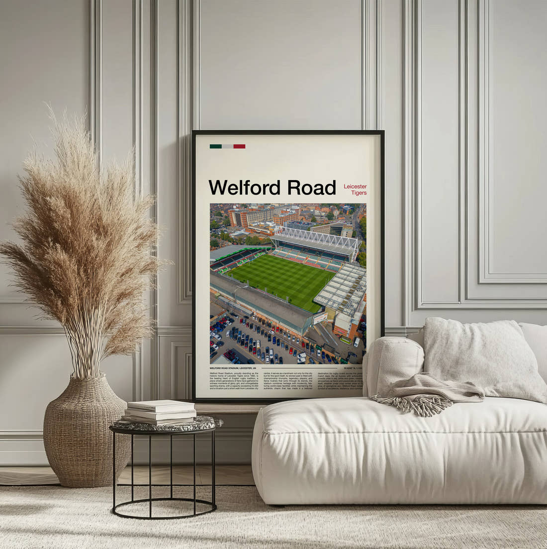Welford Road Stadium Print framed on the wall of a calm, neutral bedroom