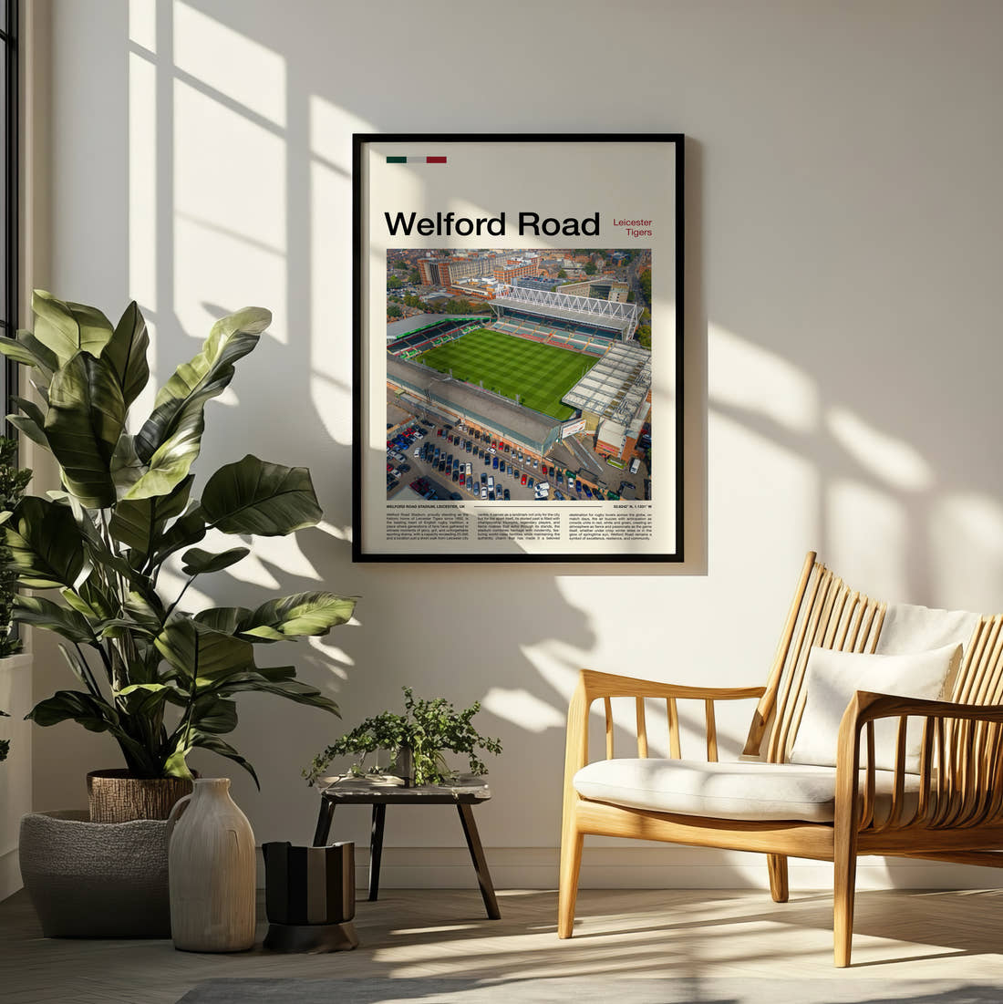 Welford Road Stadium Print framed on a pale wall beside houseplants