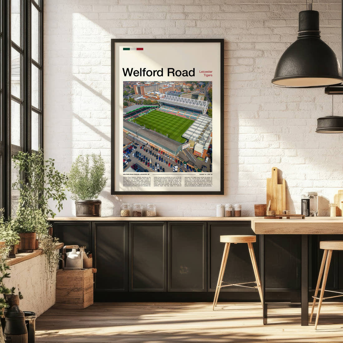 Welford Road Stadium Print framed on the wall of a bright kitchen and dining space