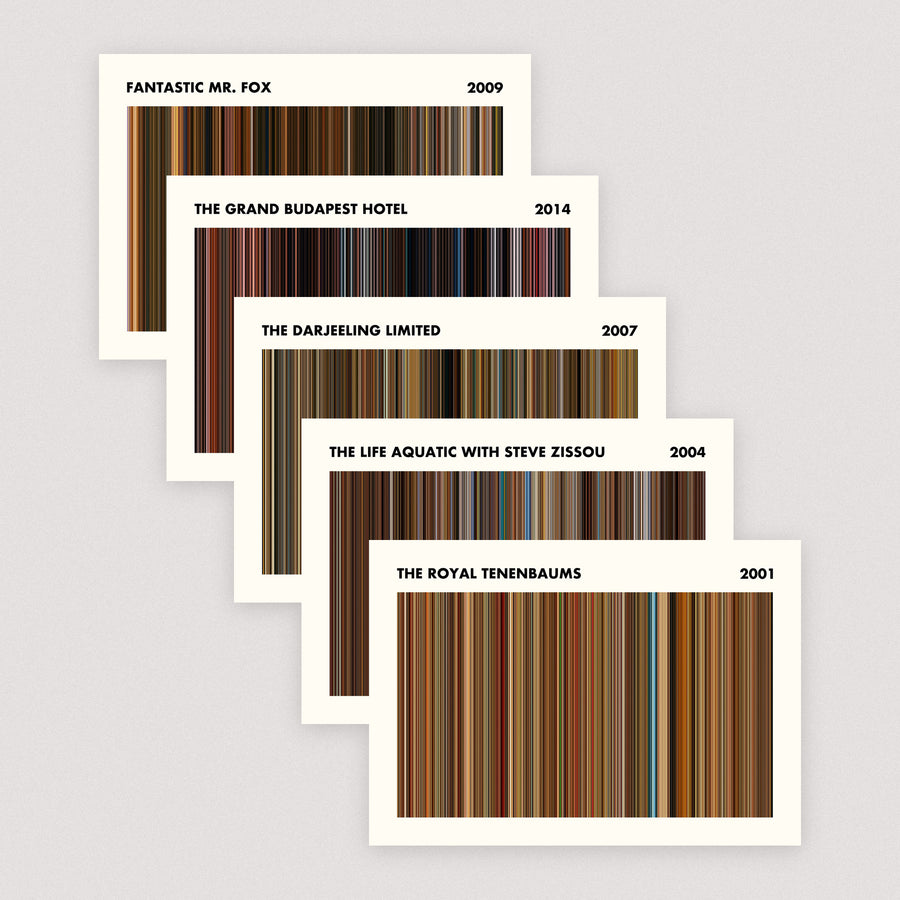 The Wes Anderson Collection — Set of 5 A5 Movie Barcode Prints (Simplified layout)