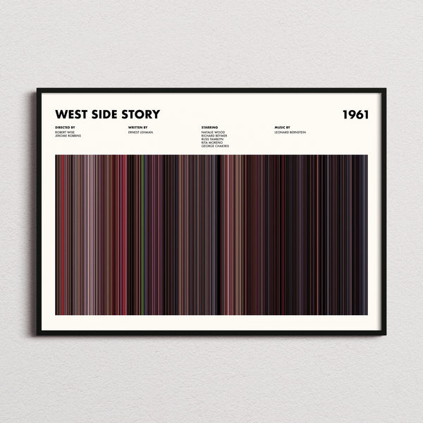 West Side Story 1961 Movie Barcode Poster framed and photographed straight on