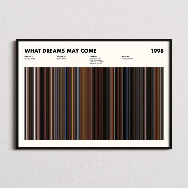 What Dreams May Come Movie Barcode Poster framed and photographed straight on