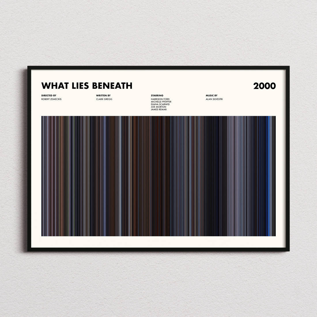 What Lies Beneath Movie Barcode Poster framed and photographed straight on