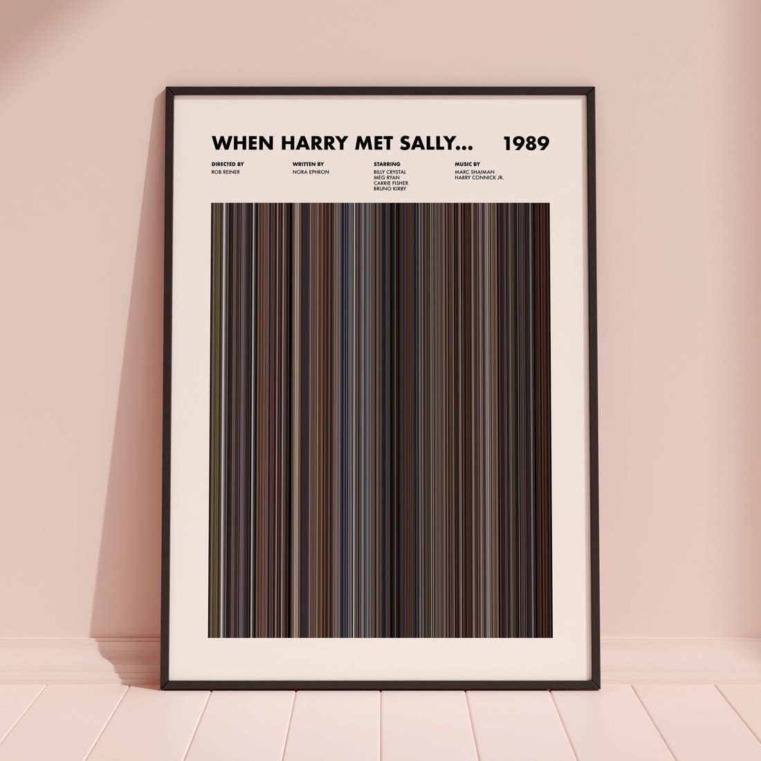 When Harry Met Sally... Movie Barcode Poster framed and leaning against a coloured wall