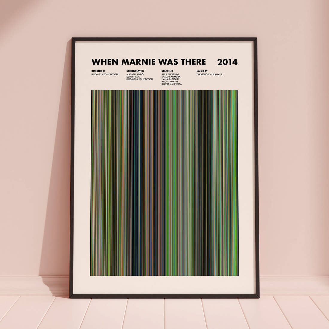 When Marnie Was There Movie Barcode Poster framed and leaning against a coloured wall
