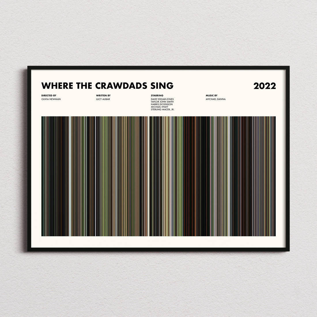 Where the Crawdads Sing Movie Barcode Poster framed and photographed straight on
