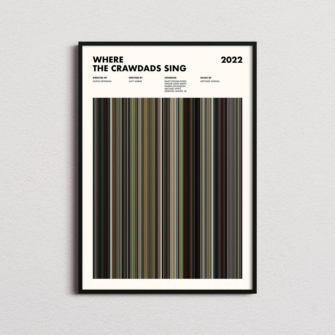 Where the Crawdads Sing Movie Barcode Poster framed on a plain studio wall