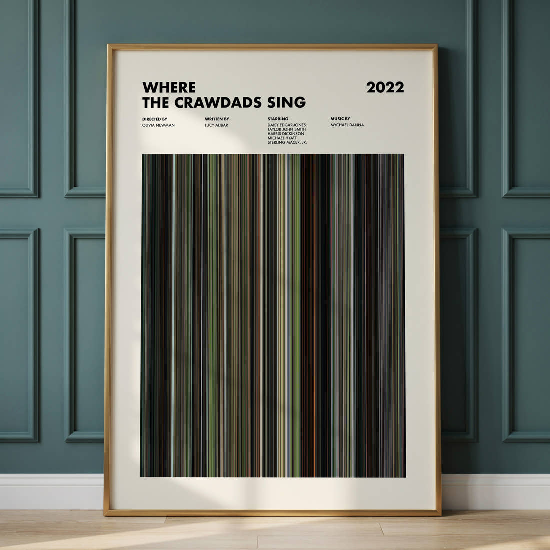 Where the Crawdads Sing Movie Barcode Poster framed and leaning against a panelled wall