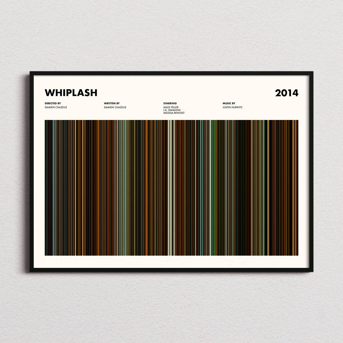 Whiplash Movie Barcode Poster framed and photographed straight on