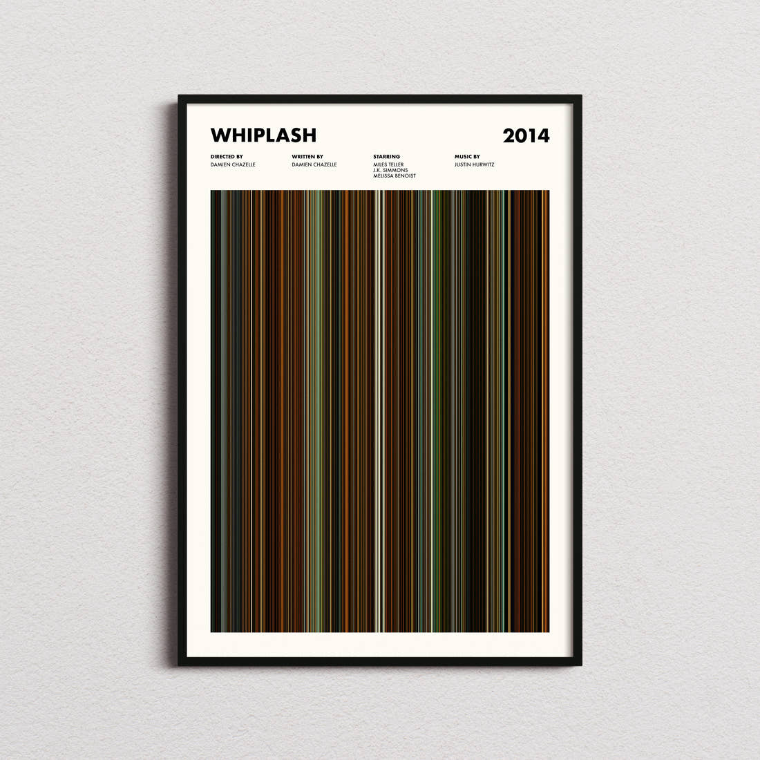 Whiplash Movie Barcode Poster framed on a plain studio wall