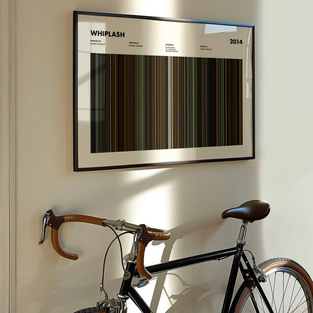 Whiplash Movie Barcode Poster framed on the wall of a styled room setting