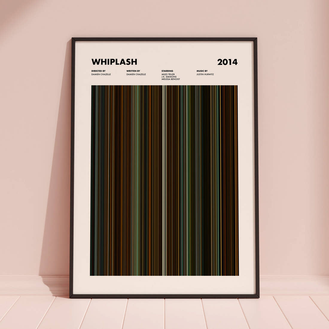 Whiplash Movie Barcode Poster framed and leaning against a coloured wall