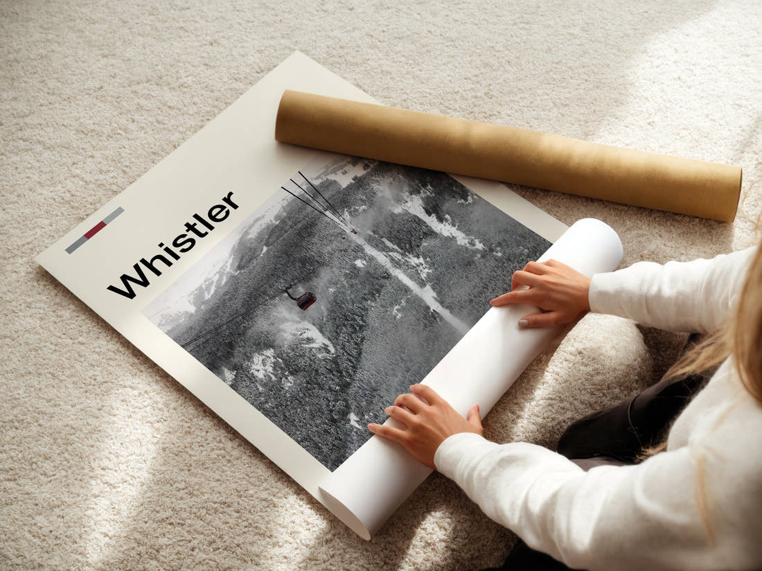 Whistler Gondola Above The Slopes Travel Print being unrolled from its postal tube