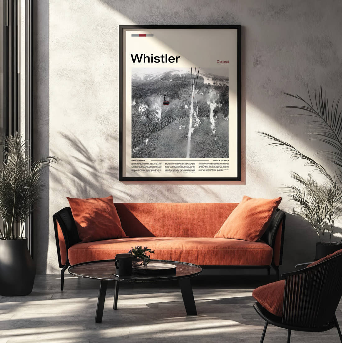 Whistler Gondola Above The Slopes Travel Print framed on the wall of a modern living room