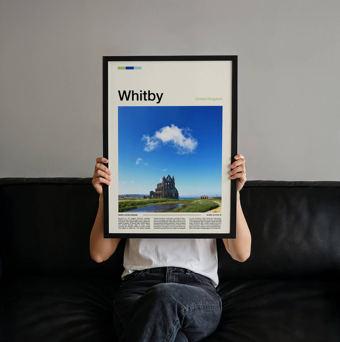 Whitby Abbey Ruins Travel Print held up by hand to show the size of the print
