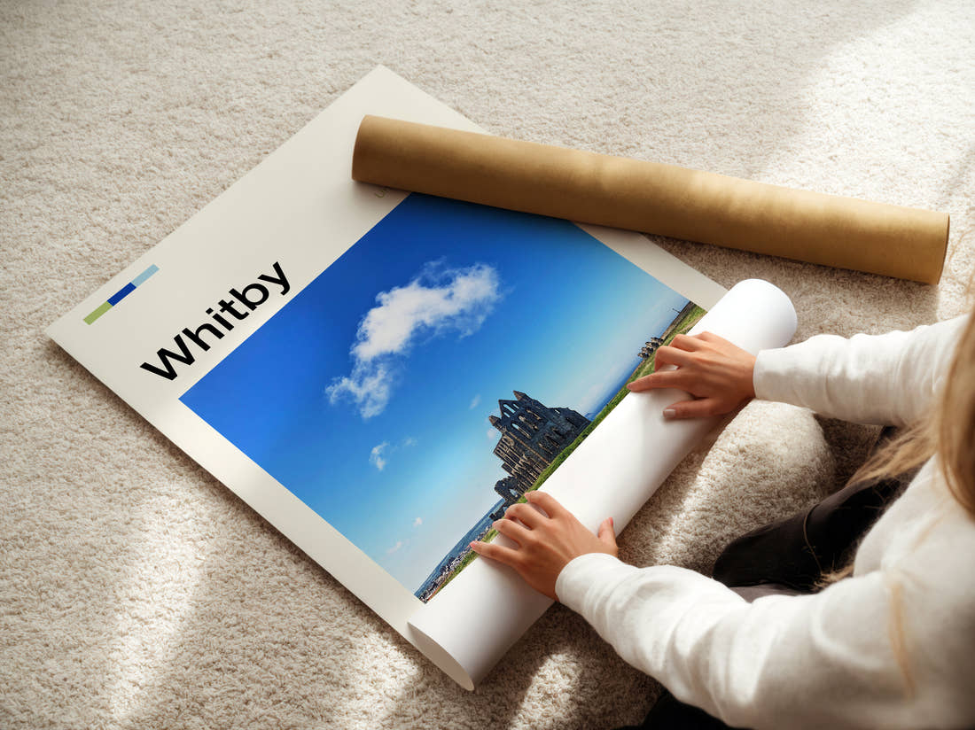 Whitby Abbey Ruins Travel Print being unrolled from its postal tube
