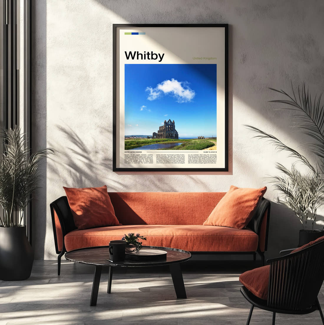 Whitby Abbey Ruins Travel Print framed on the wall of a modern living room