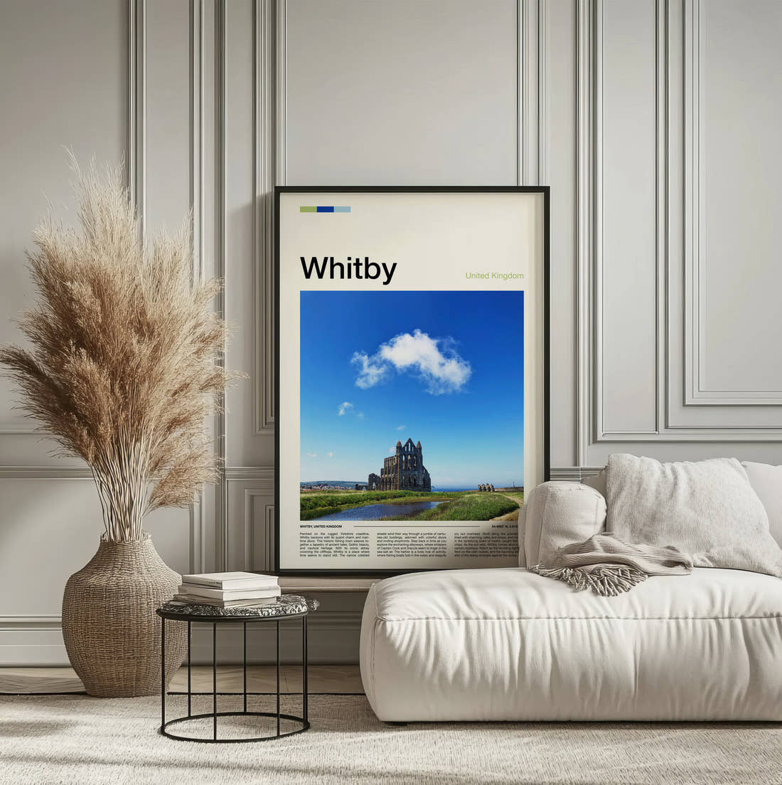 Whitby Abbey Ruins Travel Print framed on the wall of a calm, neutral bedroom