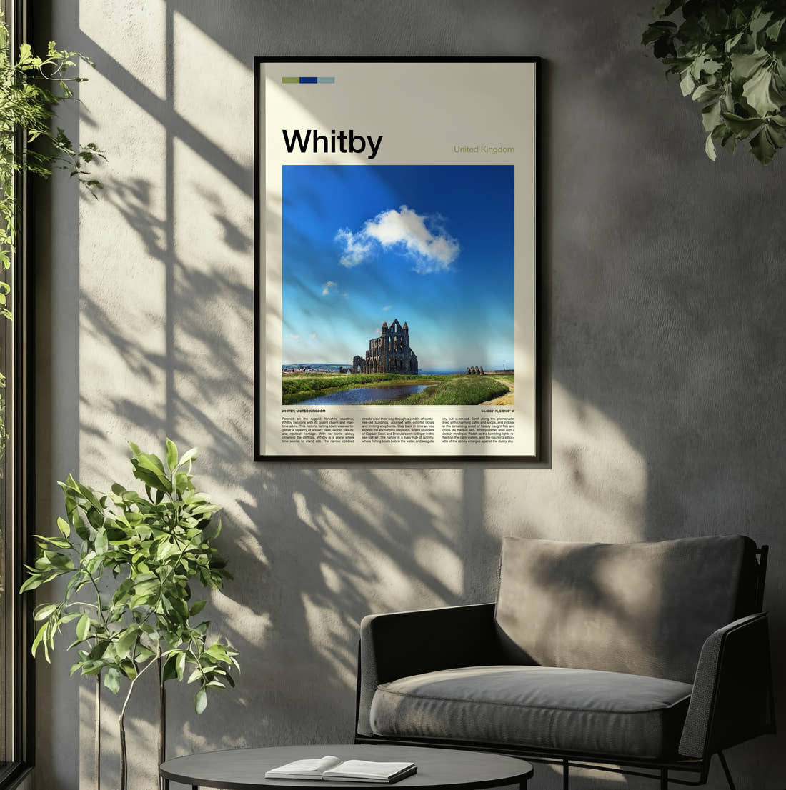 Whitby Abbey Ruins Travel Print framed on the wall of a relaxed living room